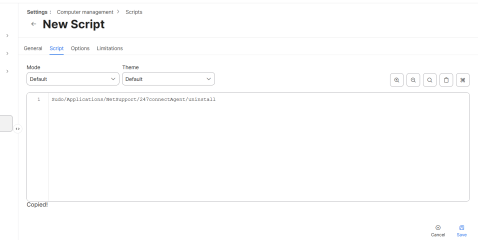 Jamf Pro New Script screen showing the Script tab with a code editor containing an uninstall command.